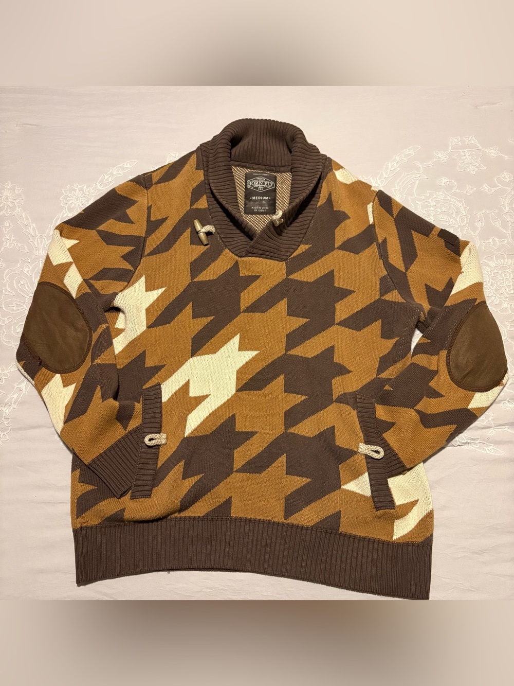 Born Fly Mens M Brown & Cream Houndstooth Shawl Neck Sweater